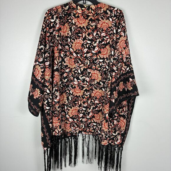 Women Fringe Kimono Open Front Cardigan 3X Plus Orange Black Boho Lagenlook - Picture 3 of 6